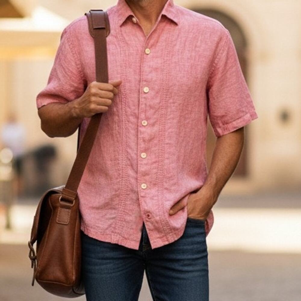 Tommy Bahama Pintuck Stitched Linen Shirt Men M Short Sleeve Coral Pink